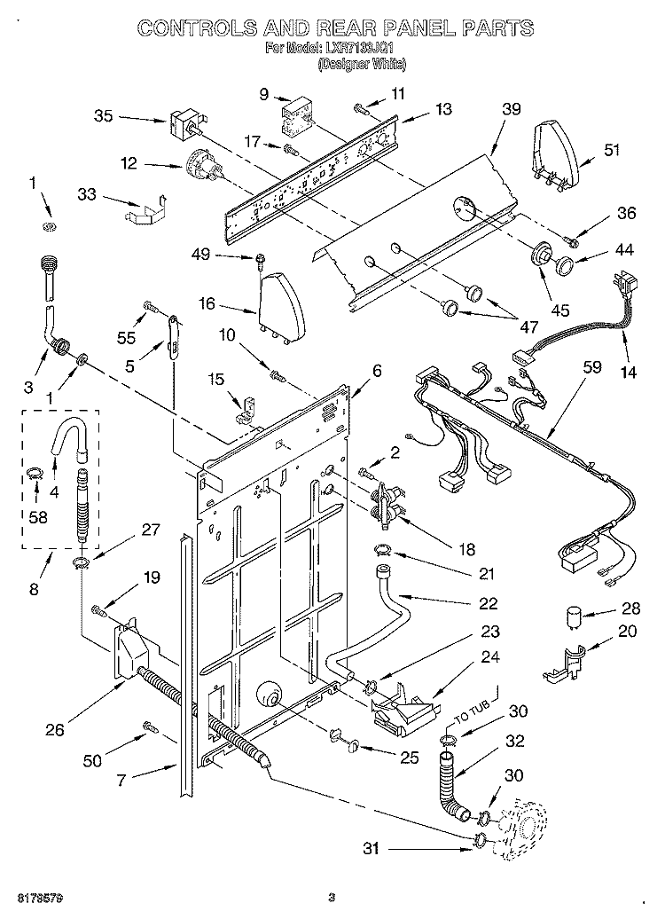 CONTROLS AND REAR PANEL Diagram and Parts List for LXR7133JQ1  Whirlpool Washer