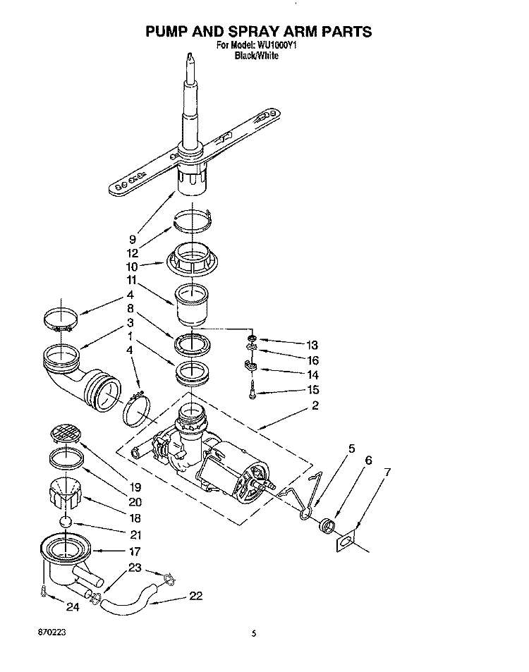 PUMP AND SPRAY ARM Diagram and Parts List for WU1000Y1  Roper Dishwasher