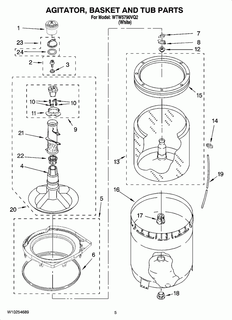 AGITATOR, BASKET AND TUB PARTS Diagram and Parts List for WTW5790VQ2  Whirlpool Washer