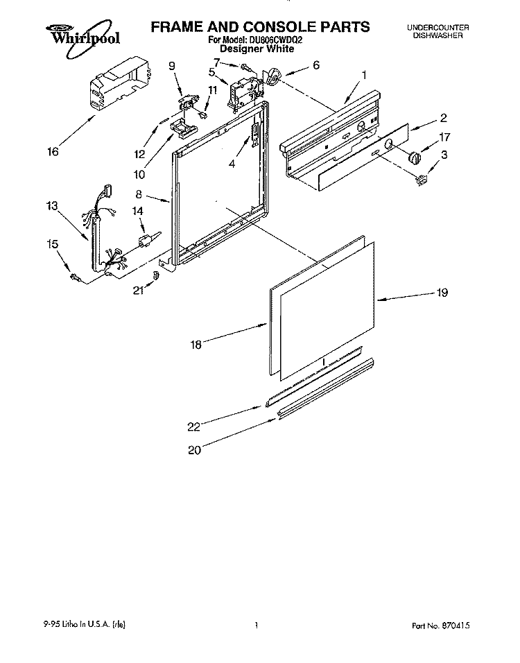 FRAME AND CONSOLE Diagram and Parts List for DU806CWDQ2  Whirlpool Dishwasher