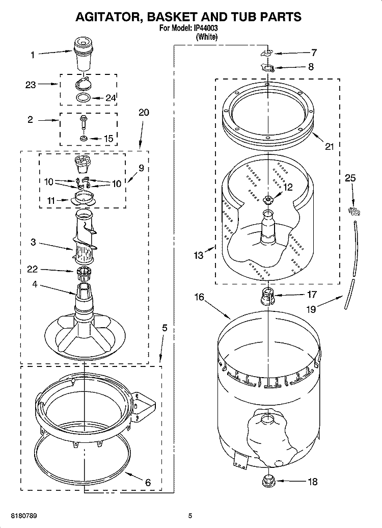 AGITATOR, BASKET AND TUB PARTS Diagram and Parts List for IP44003  Inglis Washer