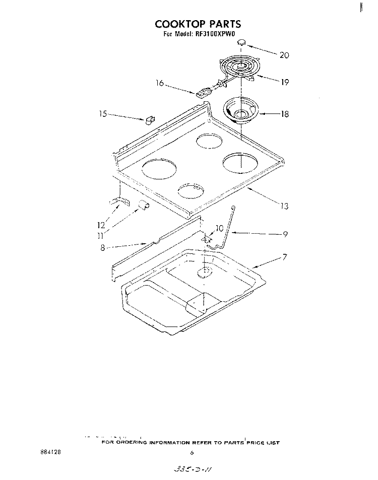 COOKTOP Diagram and Parts List for RF3100XPW0  Whirlpool Range