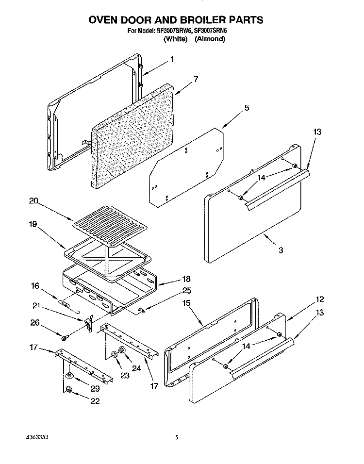 OVEN DOOR AND BROILER Diagram and Parts List for SF3007SRN6  Whirlpool Range