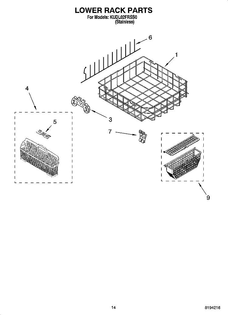 LOWER RACK PARTS, OPTIONAL PARTS (NOT INCLUDED) Diagram and Parts List for KUDL02FRSS0  KitchenAid Dishwasher