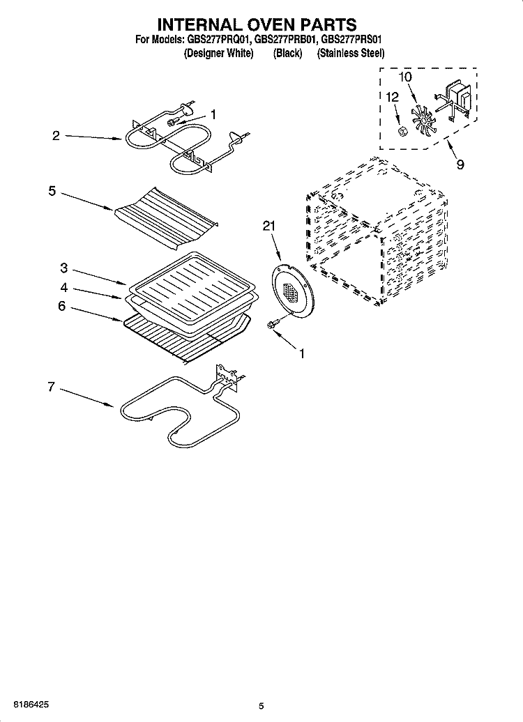 INTERNAL OVEN PARTS Diagram and Parts List for GBS277PRS01  Whirlpool Wall Oven
