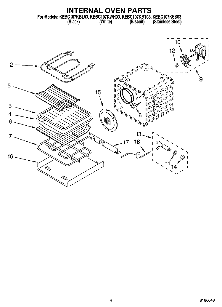 INTERNAL OVEN PARTS Diagram and Parts List for KEBC107KSS03  KitchenAid Wall Oven