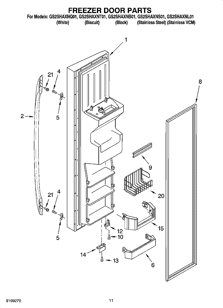 FREEZER DOOR PARTS Diagram and Parts List for GS2SHAXNL01  Whirlpool Refrigerator