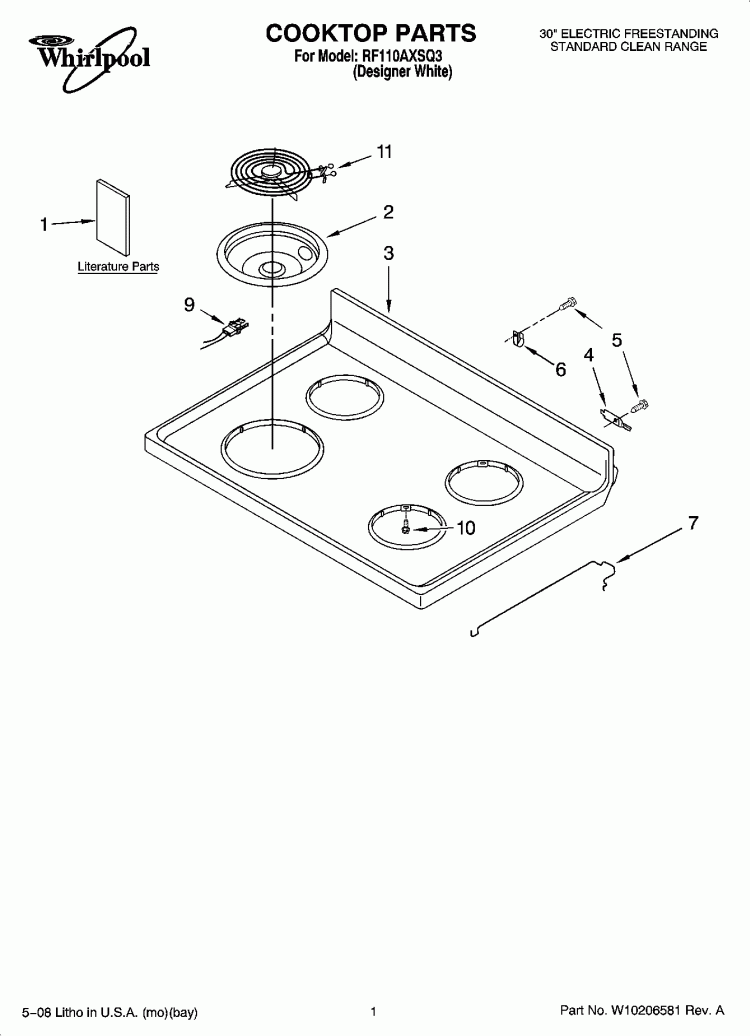 COOKTOP PARTS Diagram and Parts List for RF110AXSQ3  Whirlpool Range