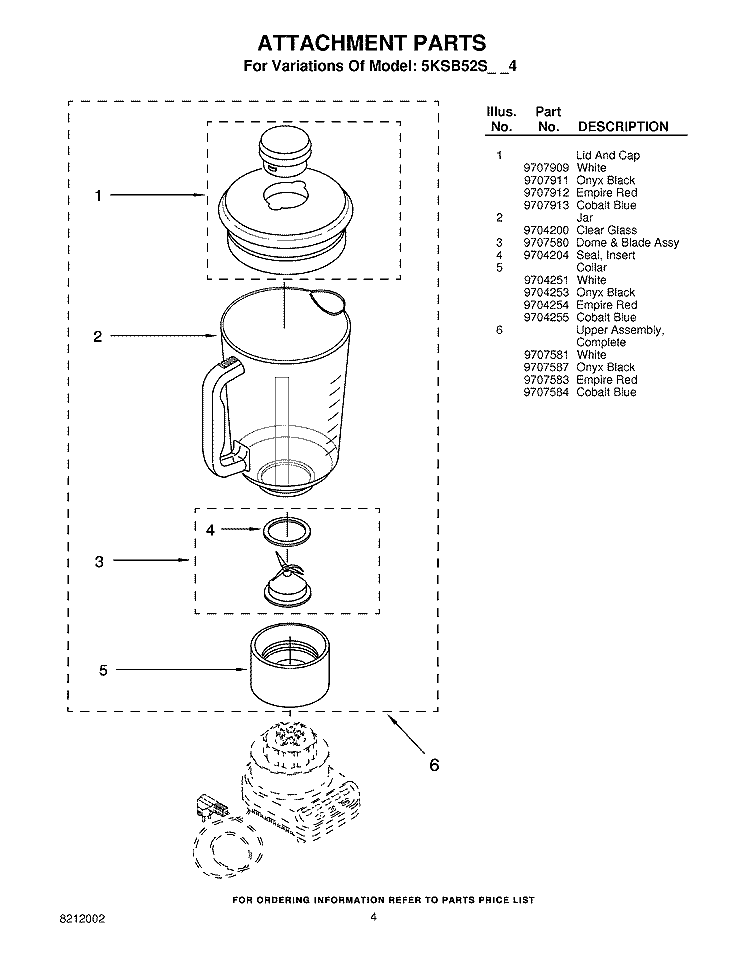 ATTACHMENT PARTS Diagram and Parts List for 5KSB52SGR4  KitchenAid Blender