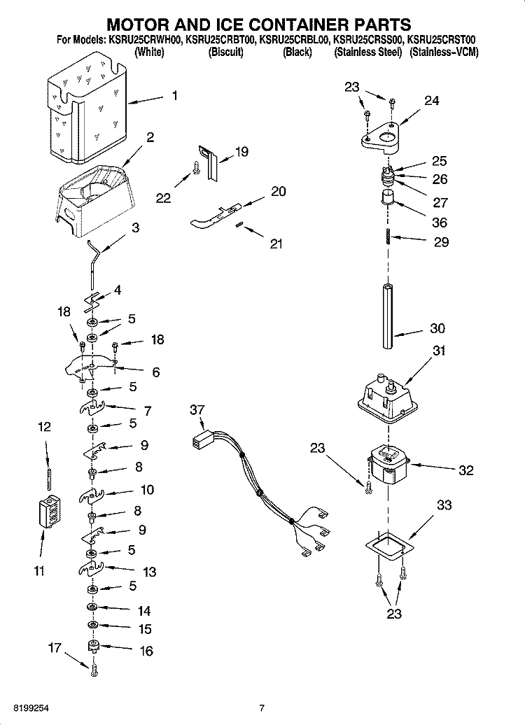 MOTOR AND ICE CONTAINER PARTS Diagram and Parts List for KSRU25CRBL00  KitchenAid Refrigerator