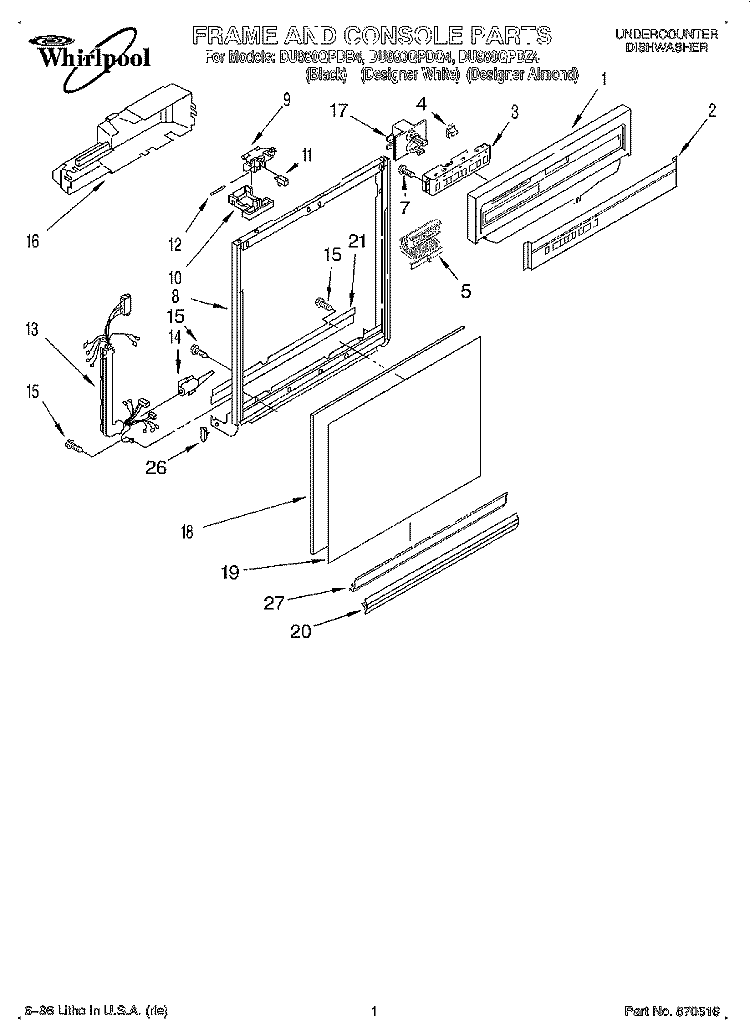 FRAME AND CONSOLE Diagram and Parts List for DU980QPDQ4  Whirlpool Dishwasher
