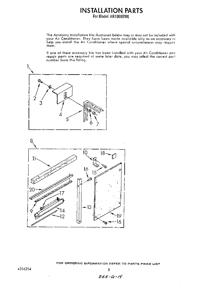 INSTALLATION Diagram and Parts List for AR1000XW0  Whirlpool Air Conditioner
