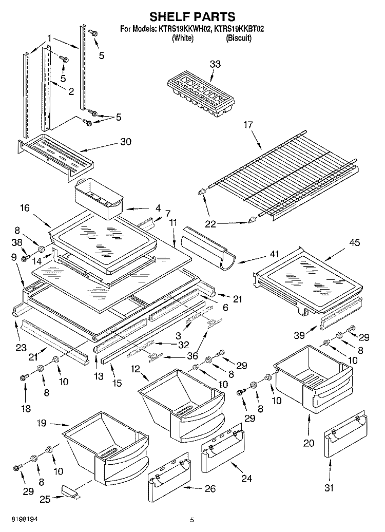 SHELF Diagram and Parts List for KTRS19KKBT02  KitchenAid Refrigerator
