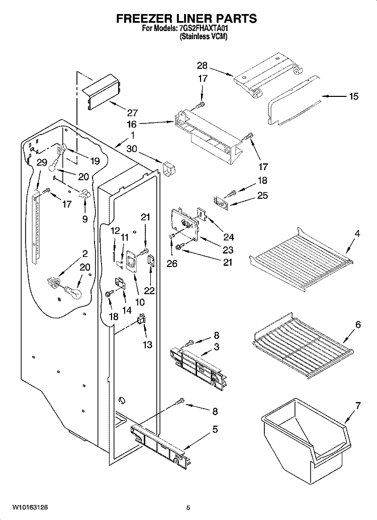 FREEZER LINER PARTS Diagram and Parts List for 7GS2FHAXTA01  Whirlpool Refrigerator
