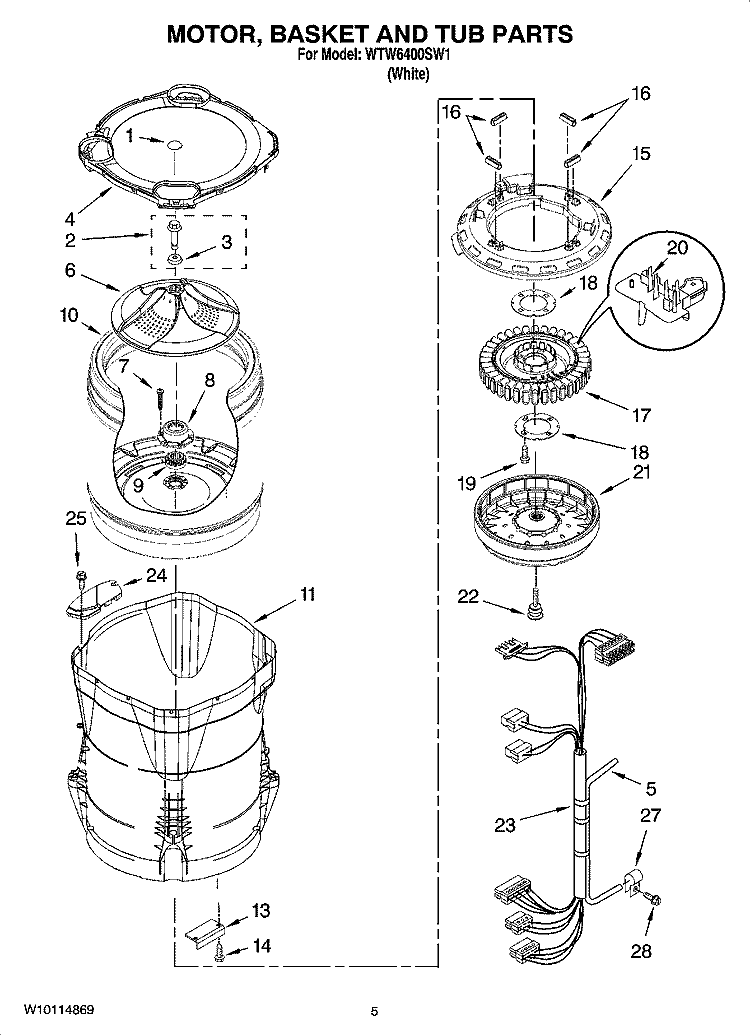 MOTOR, BASKET AND TUB PARTS Diagram and Parts List for WTW6400SW1  Whirlpool Washer
