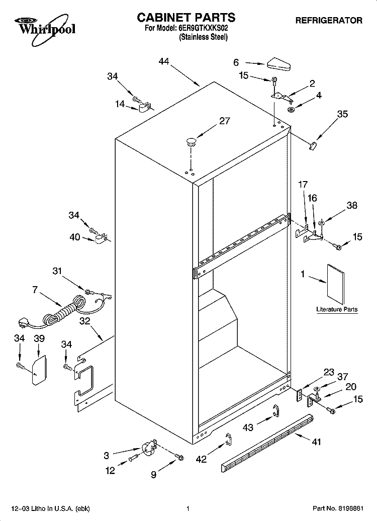CABINET PARTS Diagram and Parts List for 6ER9GTKXKS02  Whirlpool Refrigerator