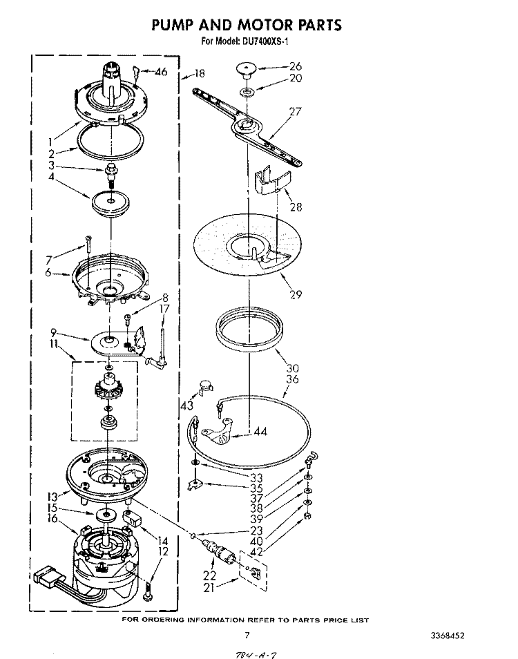 PUMP AND MOTOR Diagram and Parts List for DU7400XS1  Whirlpool Dishwasher