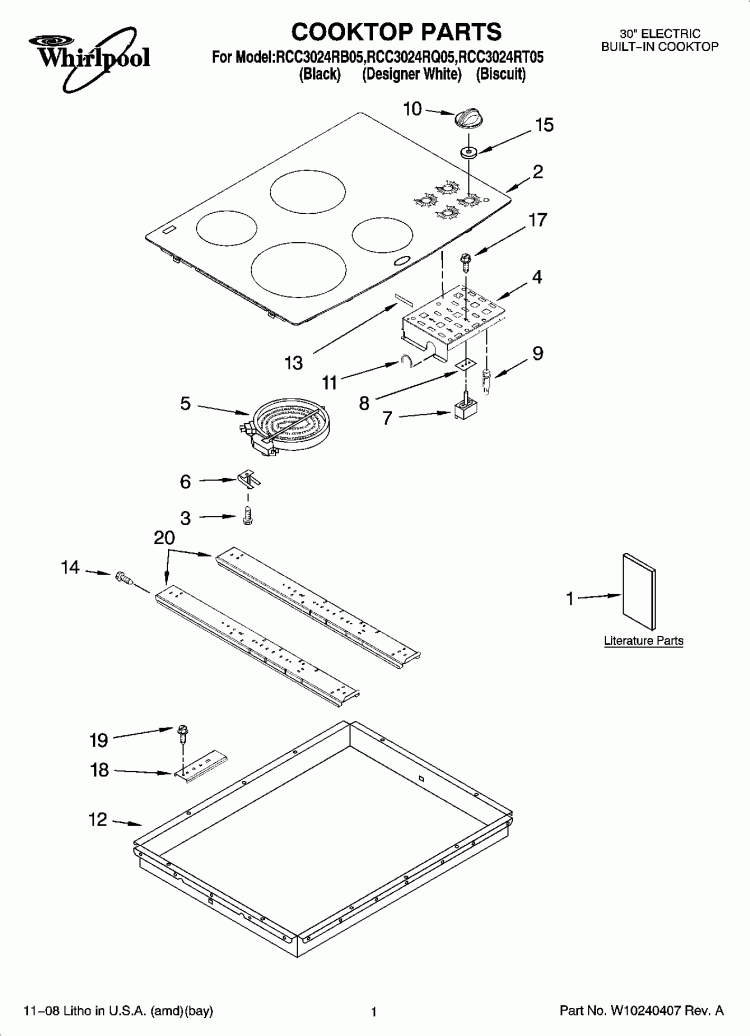 COOKTOP PARTS, OPTIONAL PARTS Diagram and Parts List for RCC3024RQ05  Whirlpool Cooktop