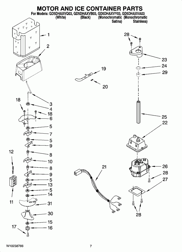 MOTOR AND ICE CONTAINER PARTS Diagram and Parts List for GD5DHAXVB03  Whirlpool Refrigerator