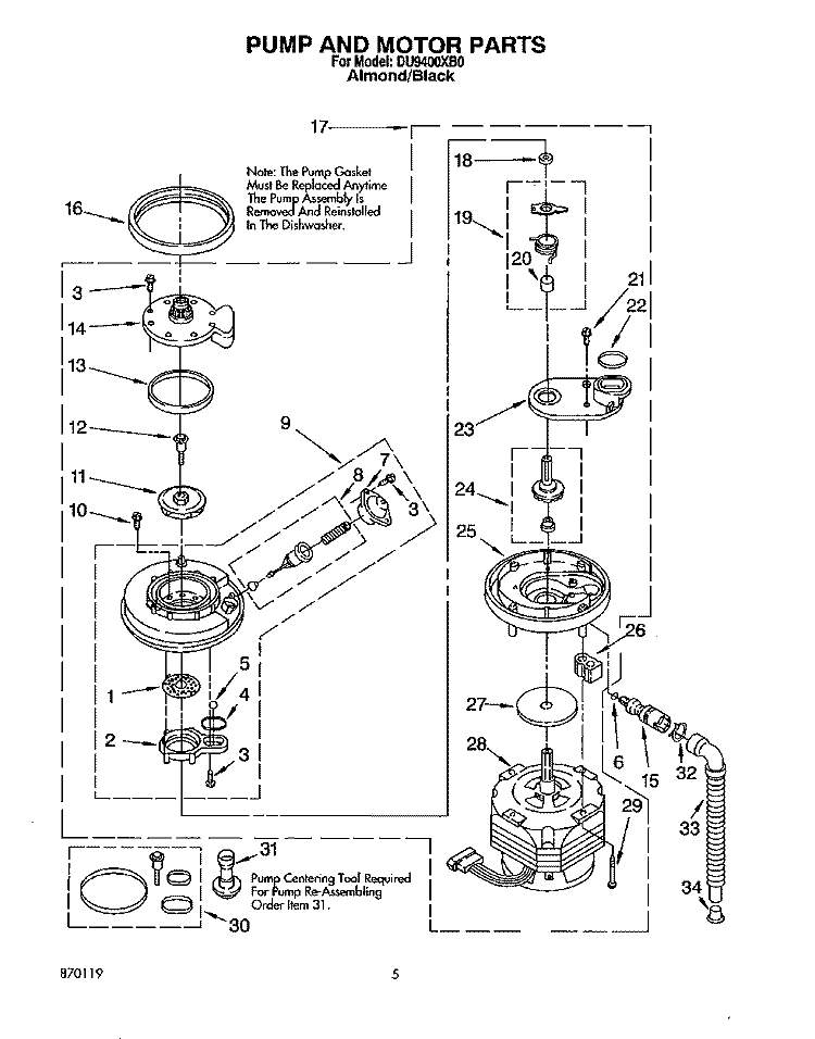 PUMP AND MOTOR Diagram and Parts List for DU9400XB0  Whirlpool Dishwasher