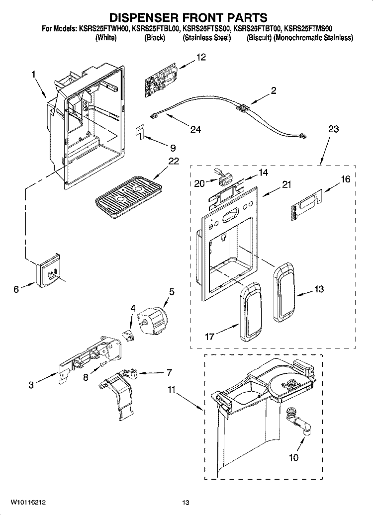 DISPENSER FRONT PARTS Diagram and Parts List for KSRS25FTBT00  KitchenAid Refrigerator