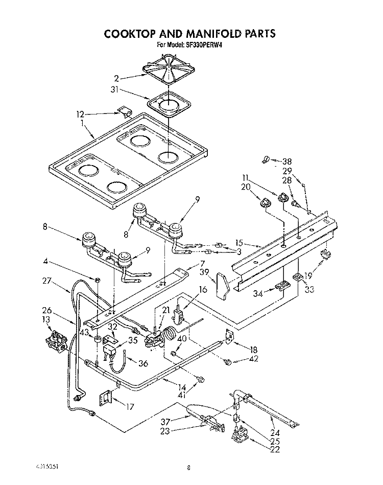 COOKTOP AND MANIFOLD, LIT/OPTIONAL Diagram and Parts List for SF330PERW4  Whirlpool Range