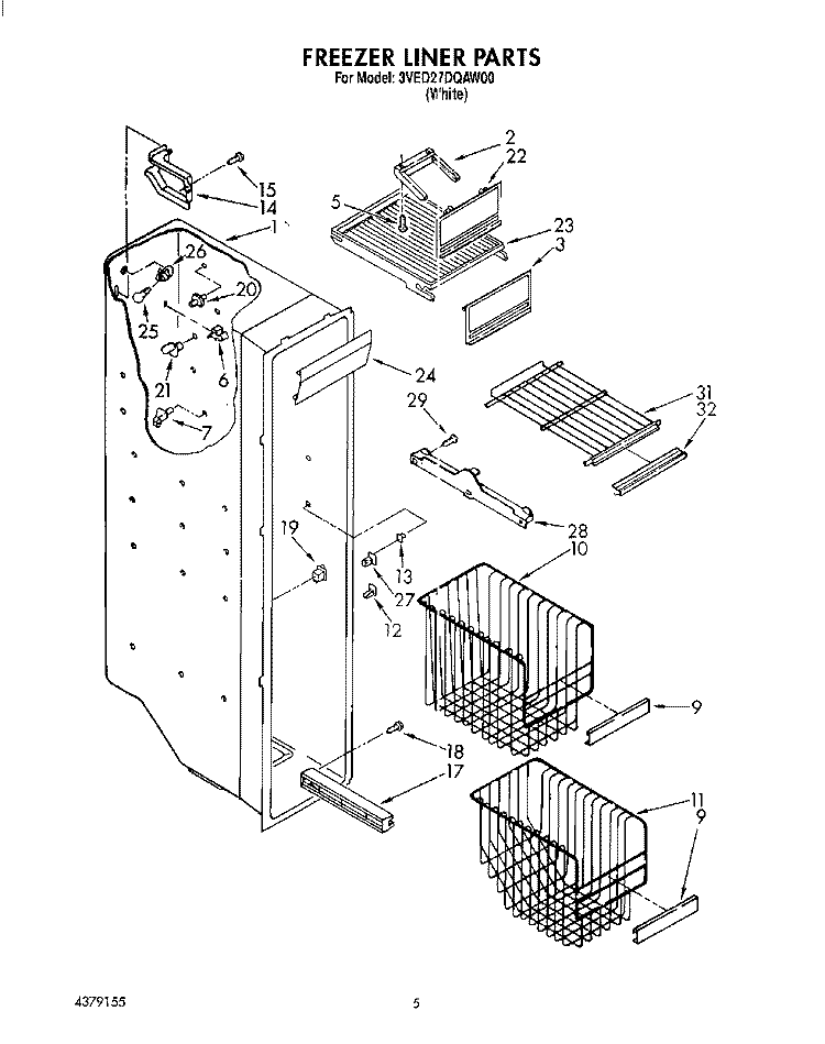 FREEZER LINER Diagram and Parts List for 3VED27DQAW00  Whirlpool Refrigerator