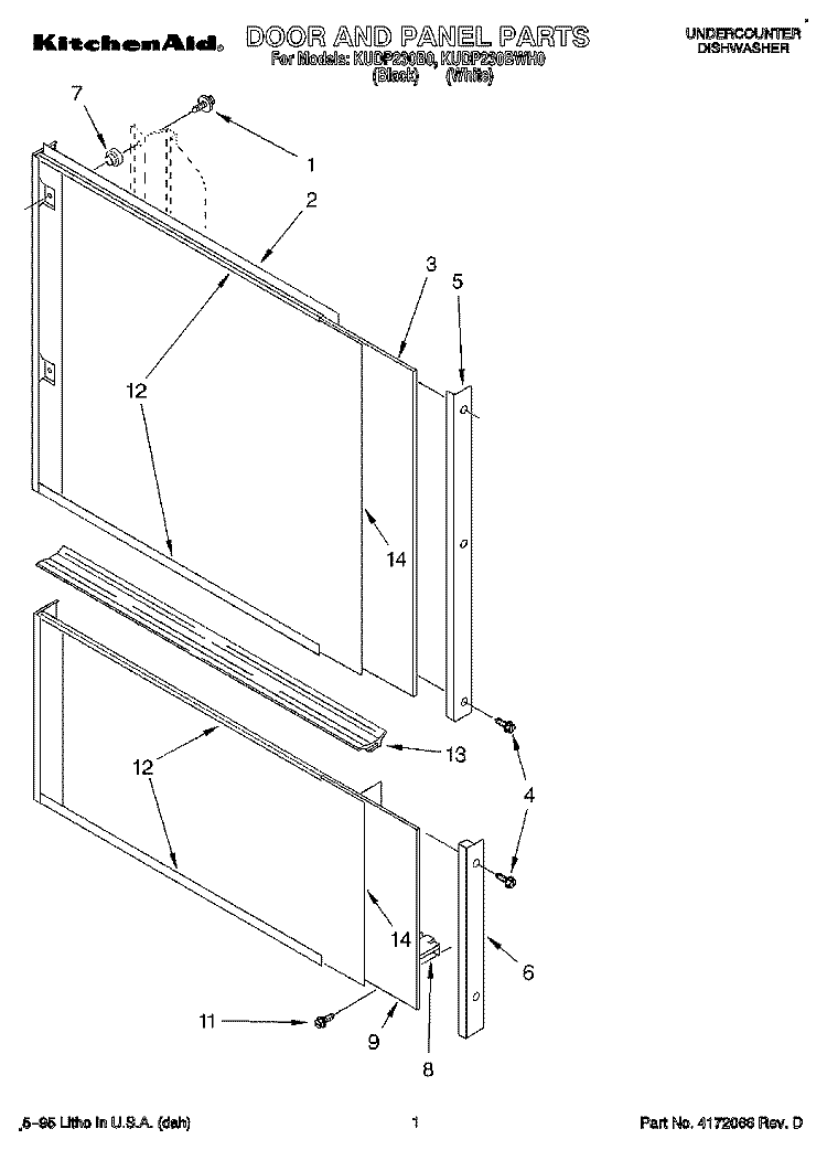 DOOR AND PANEL Diagram and Parts List for KUDP230BWH0  KitchenAid Dishwasher