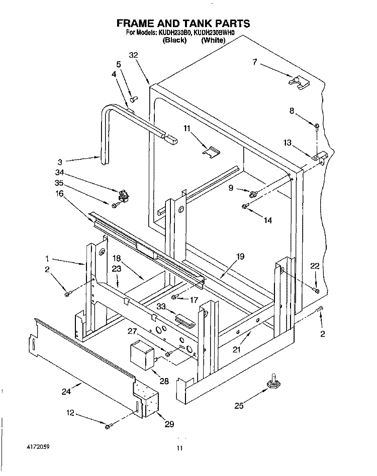 FRAME AND TANK Diagram and Parts List for KUDH230B0  KitchenAid Dishwasher