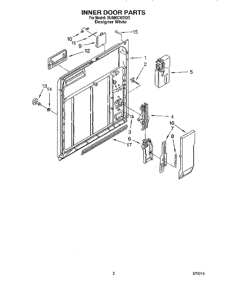 INNER DOOR Diagram and Parts List for DU806CWDQ0  Whirlpool Dishwasher
