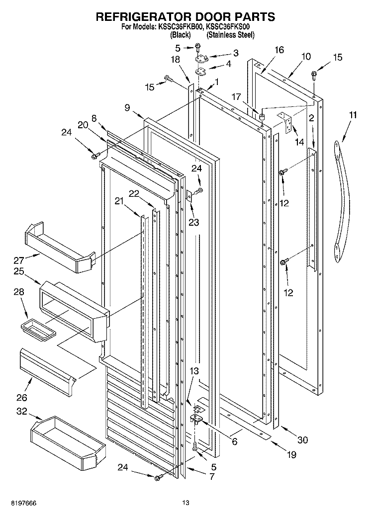 REFRIGERATOR DOOR Diagram and Parts List for KSSC36FKB00  KitchenAid Refrigerator