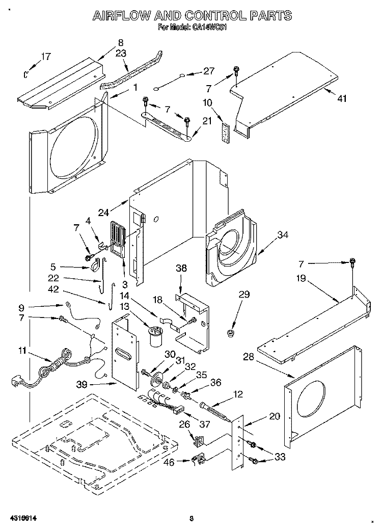 AIRFLOW AND CONTROL Diagram and Parts List for CA14WC51  Whirlpool Air Conditioner