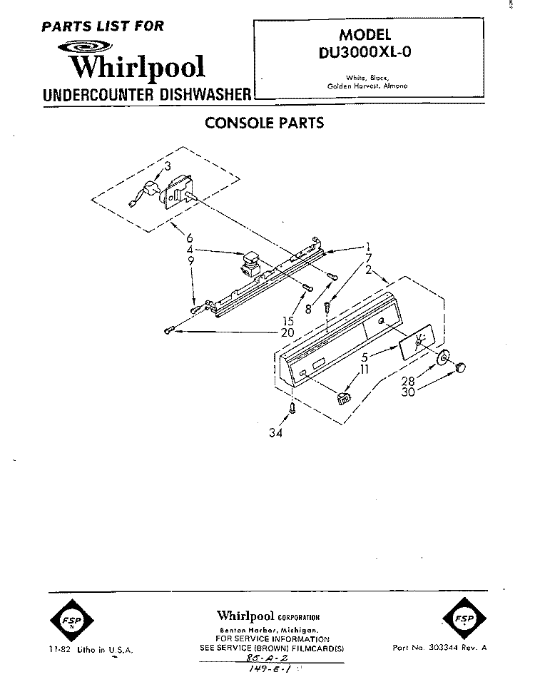 CONSOLE Diagram and Parts List for DU3000XL0  Whirlpool Dishwasher