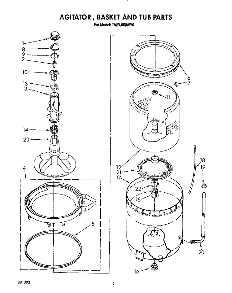 AGITATOR, BASKET AND TUB Diagram and Parts List for TAWL650AW0  Estate Washer