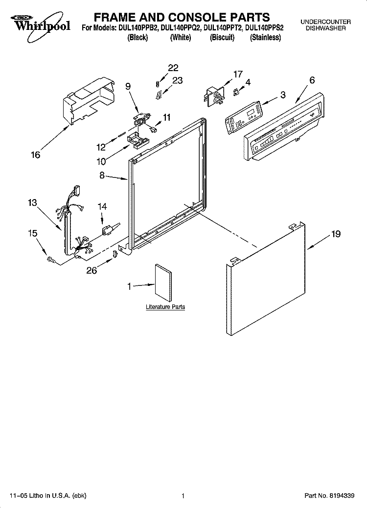 FRAME AND CONSOLE PARTS Diagram and Parts List for DUL140PPQ2  Whirlpool Dishwasher