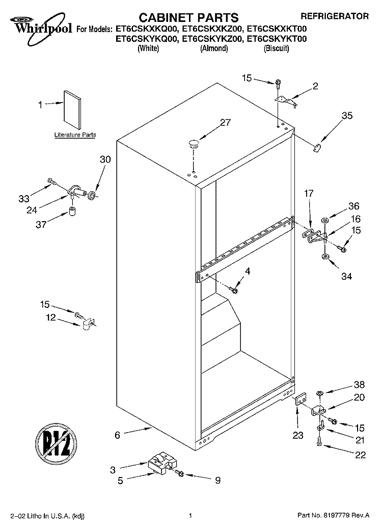 CABINET, LITERATURE Diagram and Parts List for ET6CSKXKT00  Whirlpool Refrigerator