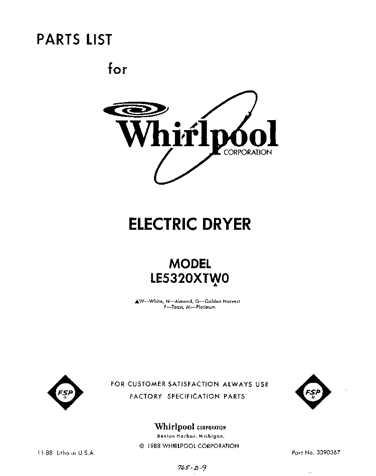 SECTION Diagram and Parts List for LE5320XTM0  Whirlpool Dryer