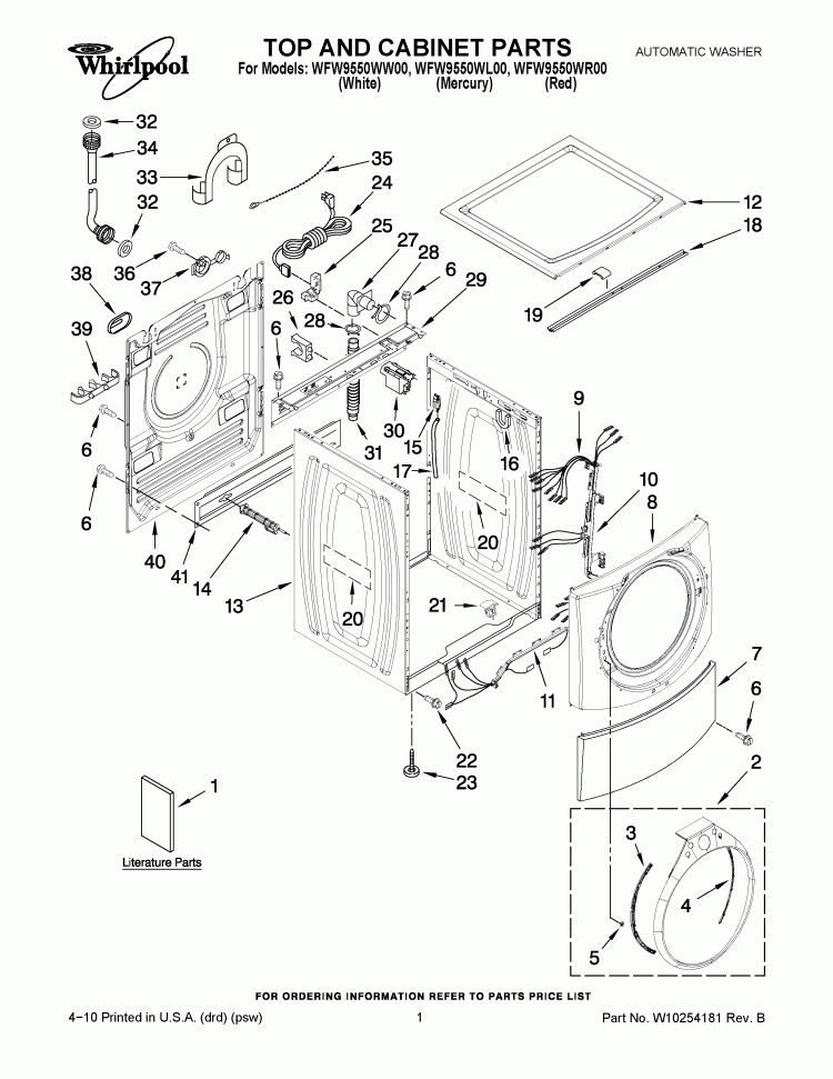 TOP AND CABINET PARTS Diagram and Parts List for WFW9550WW00  Whirlpool Washer