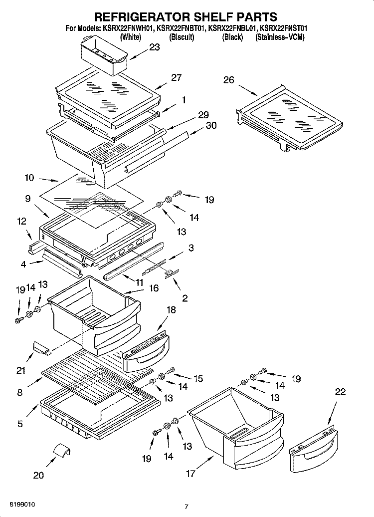 REFRIGERATOR SHELF PARTS Diagram and Parts List for KSRX22FNST01  KitchenAid Refrigerator