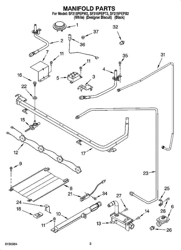 MANIFOLD PARTS Diagram and Parts List for SF315PEPB2  Whirlpool Range