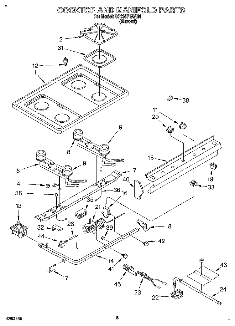 COOKTOP AND MANIFOLD, LITERATURE Diagram and Parts List for SF330PEWN4  Whirlpool Range