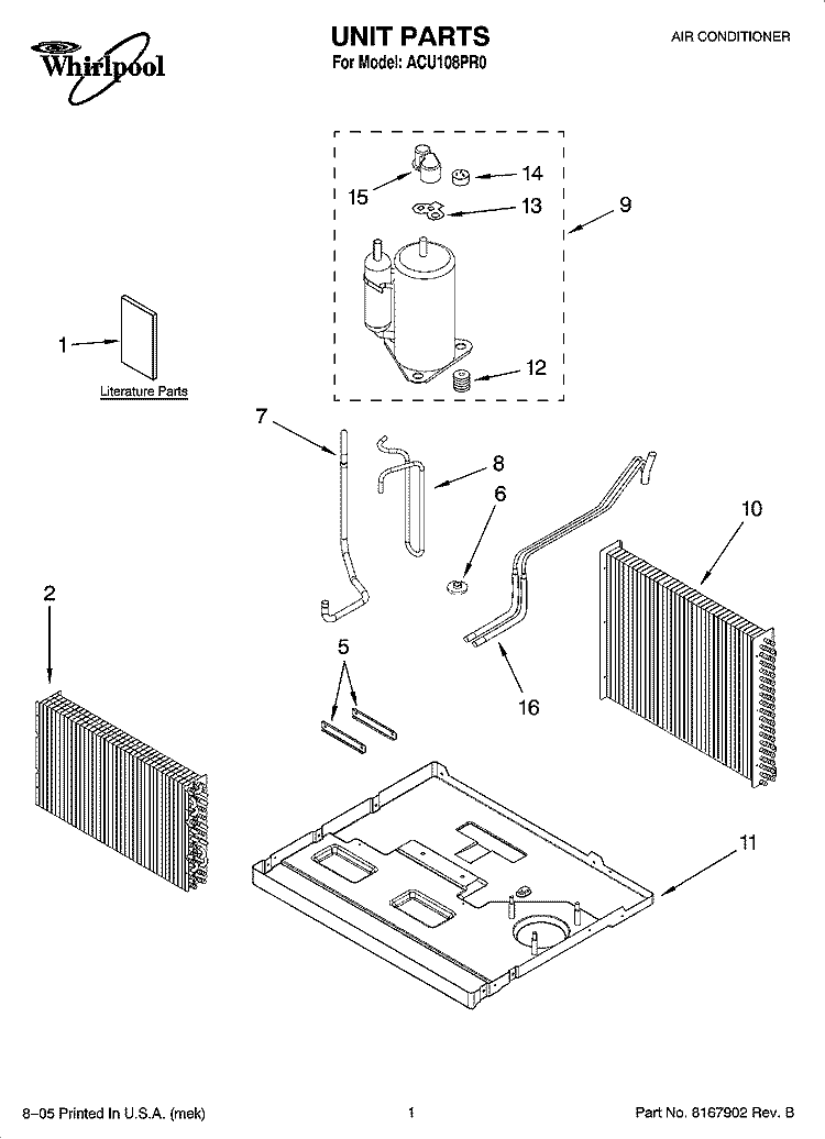 UNIT PARTS Diagram and Parts List for ACU108PR0  Whirlpool Air Conditioner