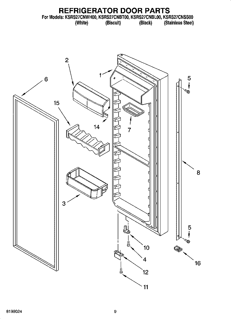 REFRIGERATOR DOOR PARTS Diagram and Parts List for KSRS27CNSS00  KitchenAid Refrigerator