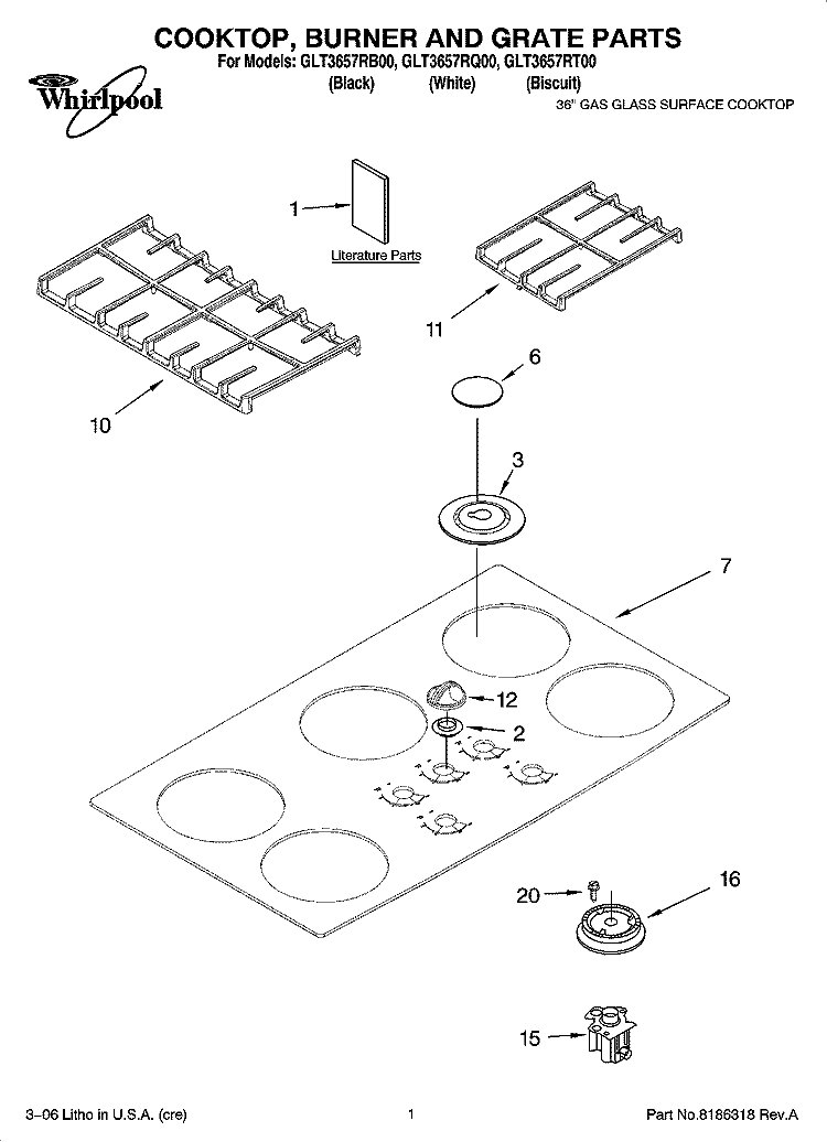COOKTOP, BURNER AND GRATE PARTS Diagram and Parts List for GLT3657RB00  Whirlpool Cooktop