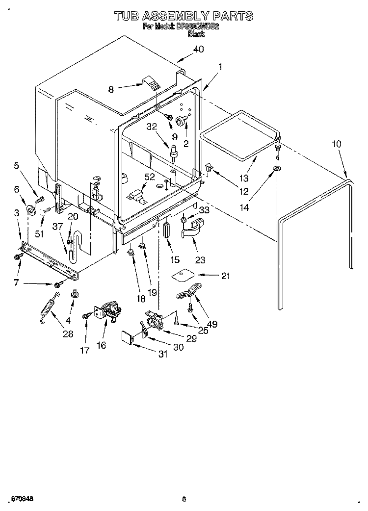 TUB ASSEMBLY Diagram and Parts List for DP920QWDB2  Whirlpool Dishwasher