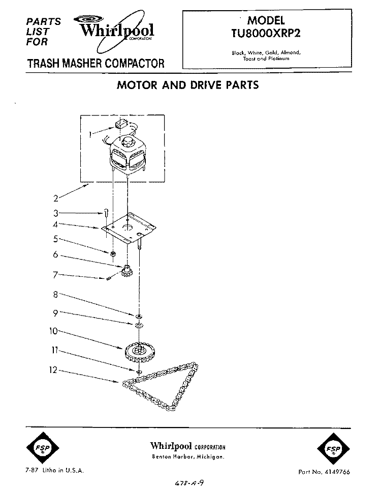 MOTOR AND DRIVE Diagram and Parts List for TU8000XRP2  Whirlpool Trash Compactor