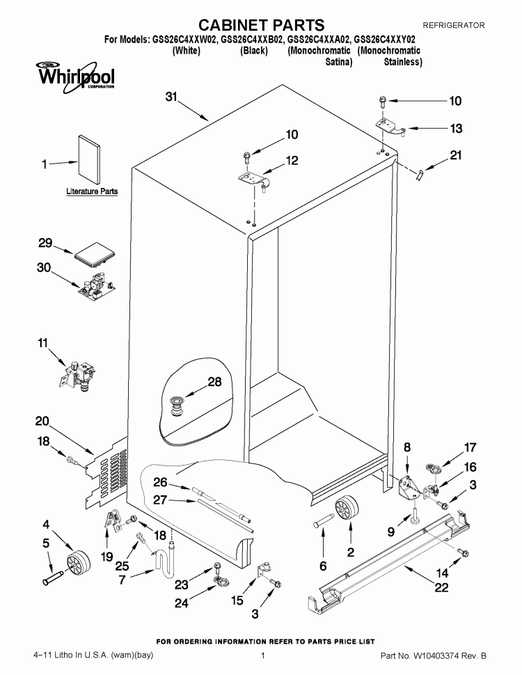 CABINET PARTS Diagram and Parts List for GSS26C4XXA02  Whirlpool Refrigerator