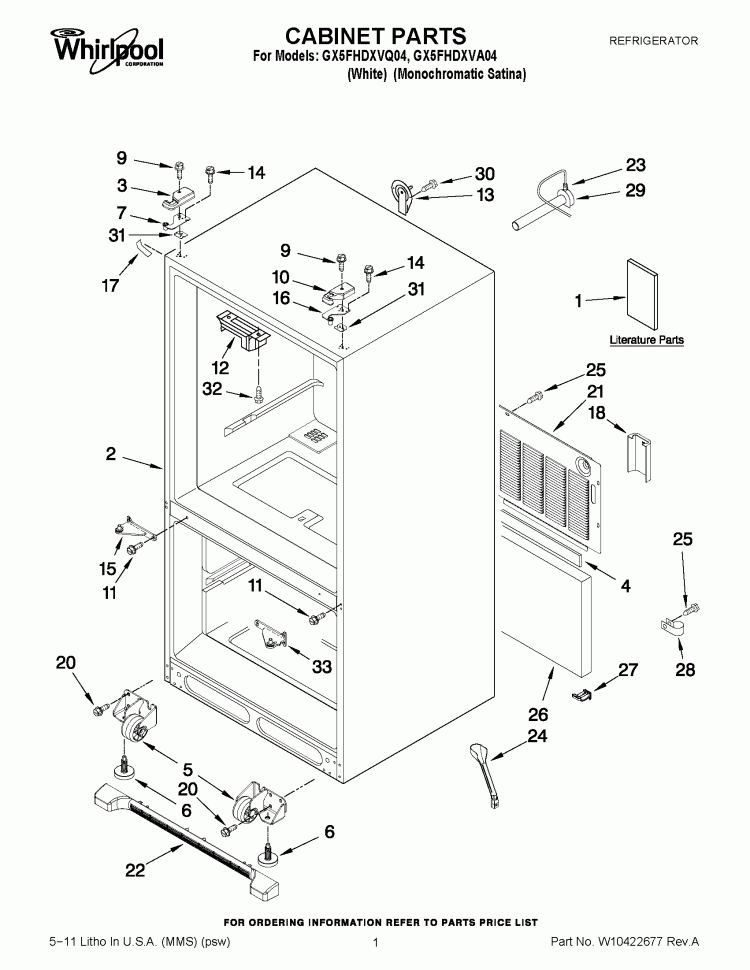 CABINET PARTS Diagram and Parts List for GX5FHDXVQ04  Whirlpool Refrigerator
