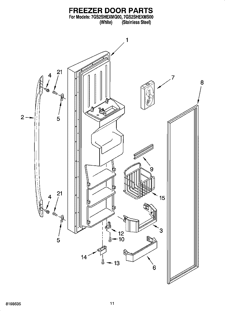 FREEZER DOOR PARTS Diagram and Parts List for 7GS2SHEXMS00  Whirlpool Refrigerator