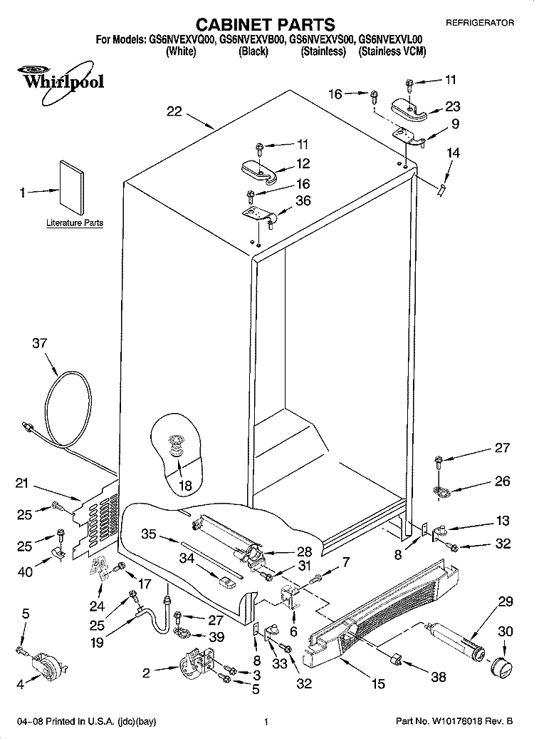 CABINET PARTS Diagram and Parts List for GS6NVEXVB00  Whirlpool Refrigerator